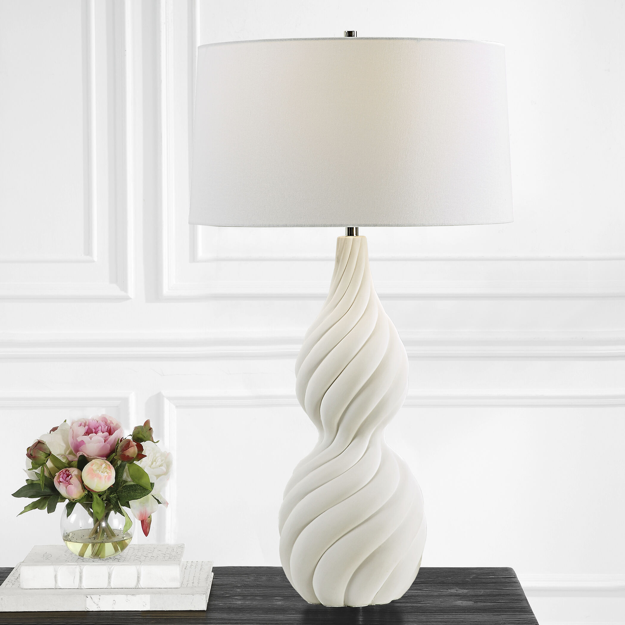 Twisted Swirl 32 inch 150.00 watt Textured Chalk White Glaze and Polished Nickel Table Lamp Portable Light