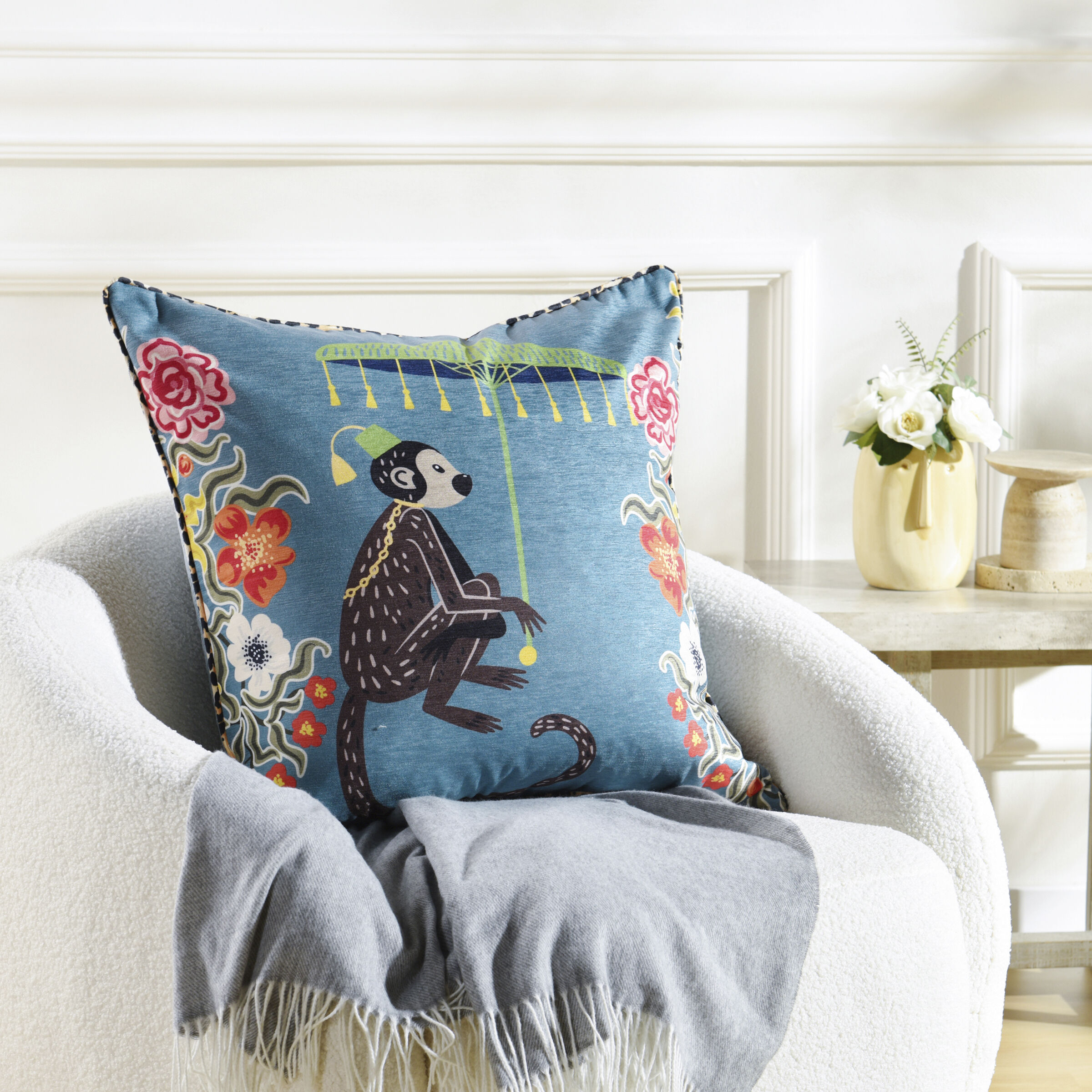 Maharaja Monkey 24 X 6 inch Blue Gray Pillow