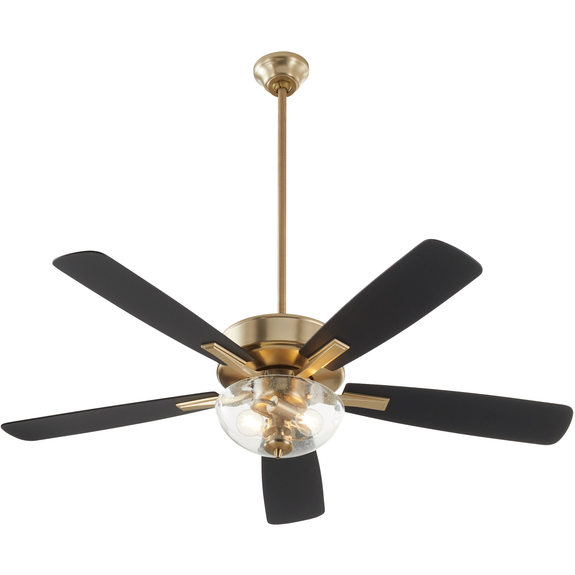 Ovation 52 inch Aged Brass with Matte Black/Walnut Blades Ceiling Fan in 2 Light Clear Seeded Glass Bowl