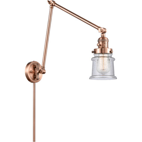 Small Canton 30 inch 3.5 watt Antique Copper Swing Arm Wall Light in Seedy Glass, Franklin Restoration
