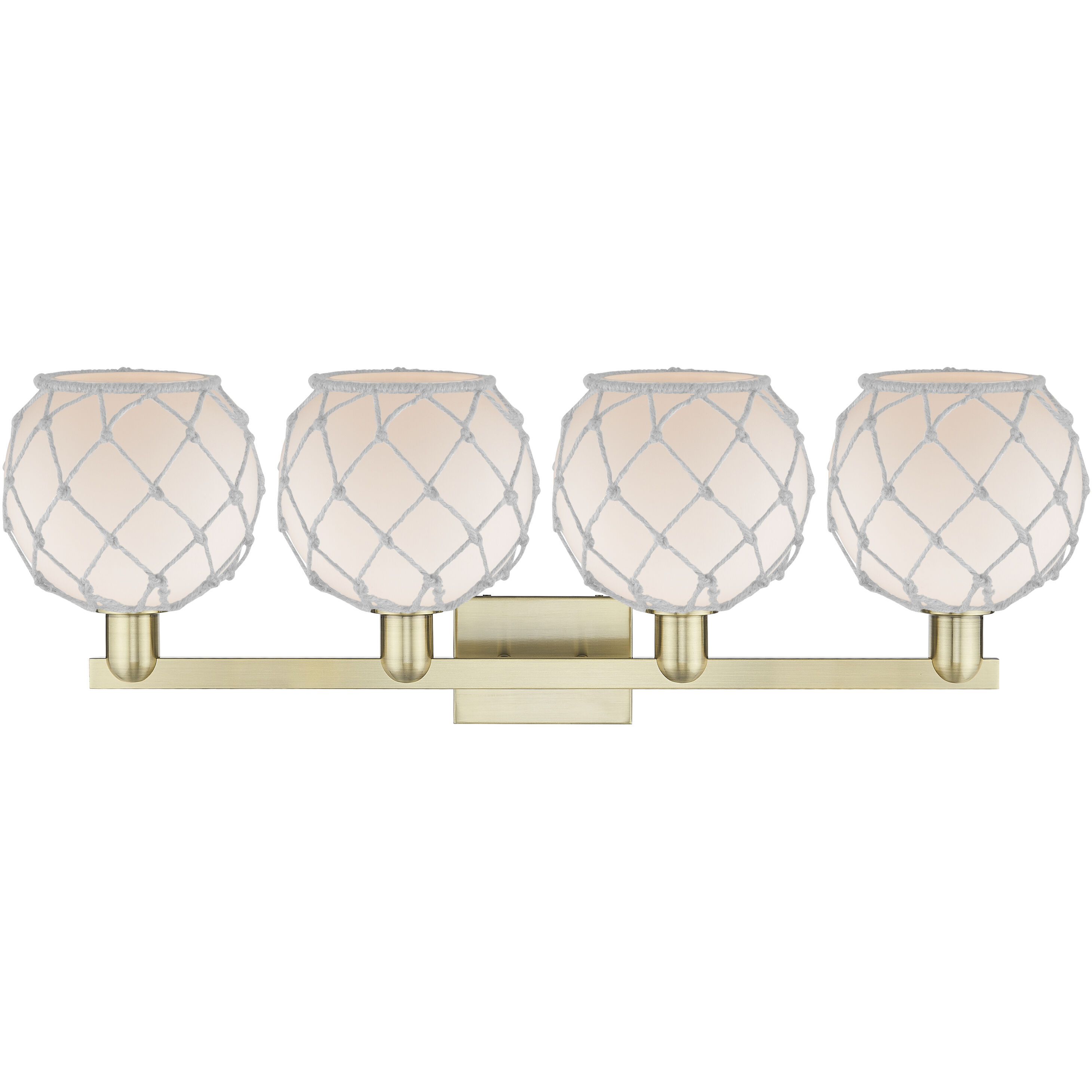 Arcadia Farmhouse Rope 4 Light 35 inch Antique Brass Bath Vanity Light Wall Light in White Glass with White Rope