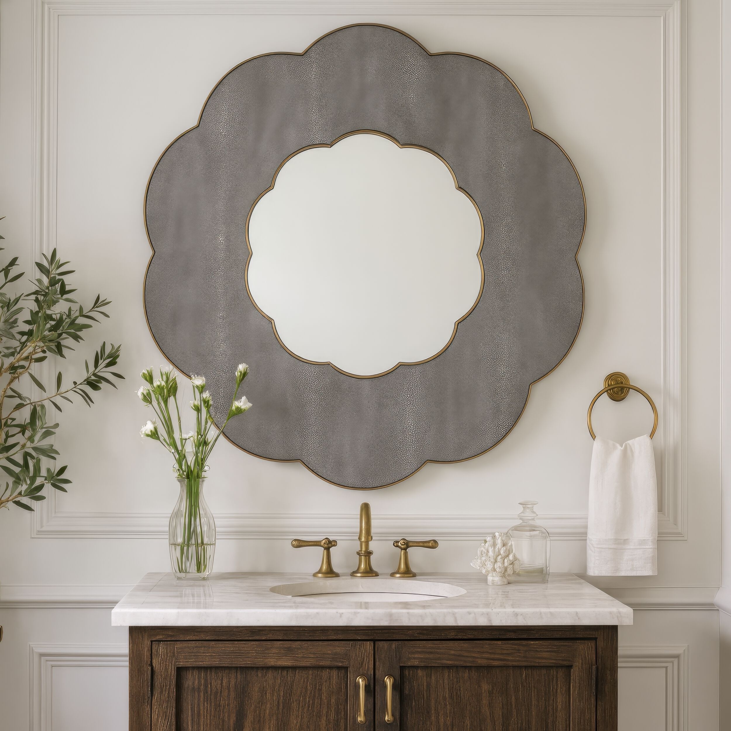 Scallop 36 X 36 inch Gray Shagreen with Weathered Brass Wall Mirror, Varaluz Casa
