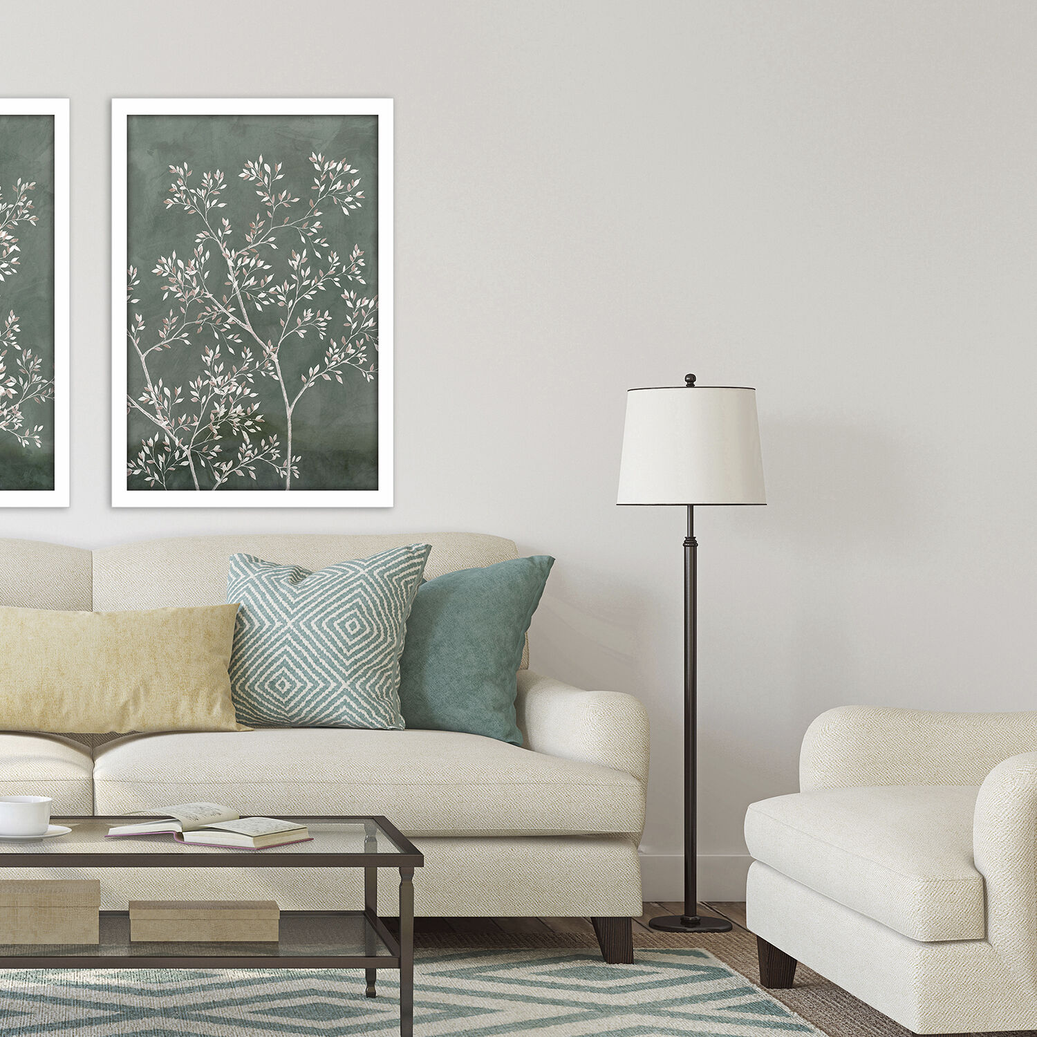 Delicate Tree Green and Beige and White Framed Art