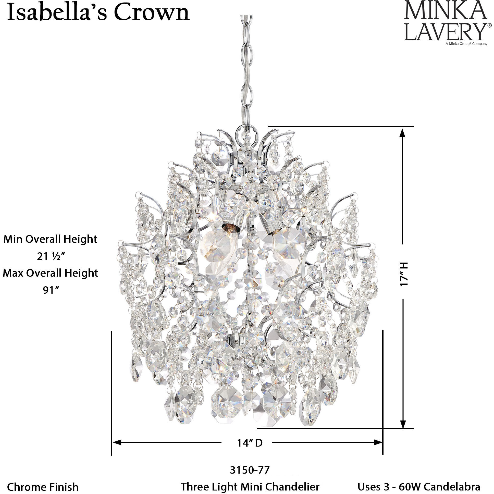 Isabella's Crown 3 Light 14 inch Chrome Mini Chandelier Ceiling Light