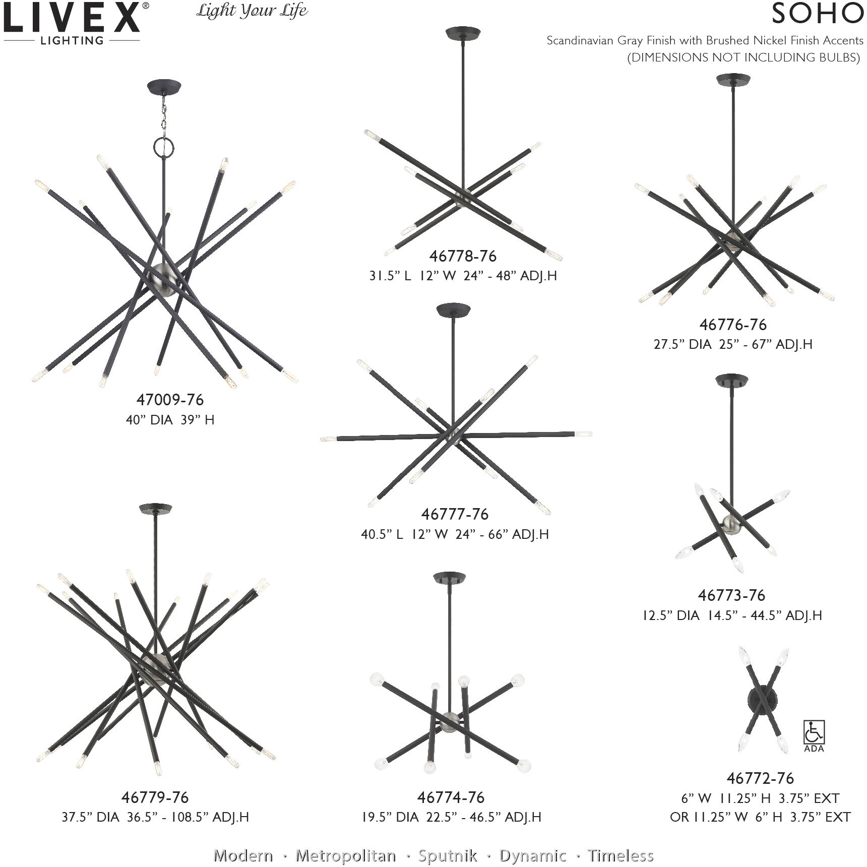 Soho Linear Chandelier Ceiling Light in Scandinavian Gray with Brushed Nickel Accents