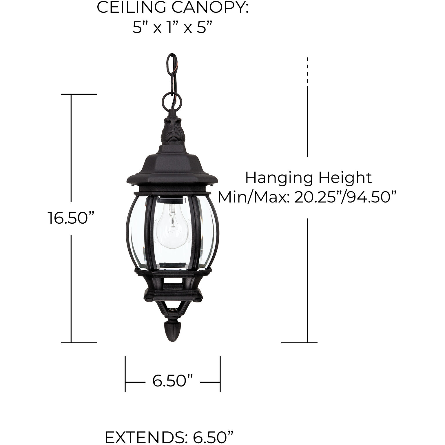 French Country 1 Light 7 inch Black Outdoor Hanging Lantern