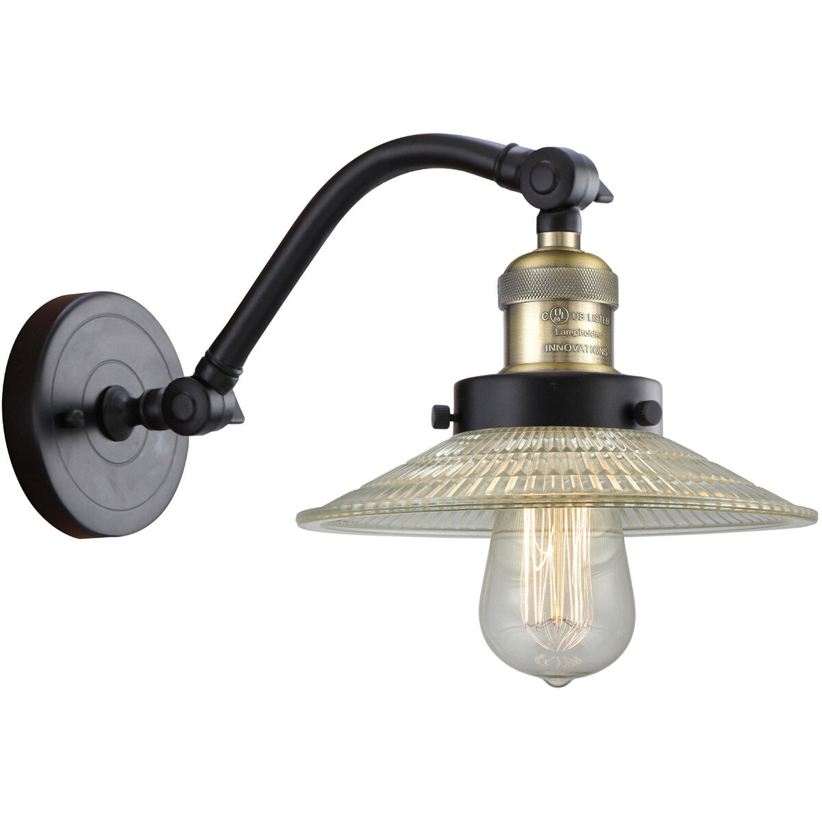 Franklin Restoration Halophane LED 9 inch Black Antique Brass Sconce Wall Light in Clear Halophane Glass, Franklin Restoration