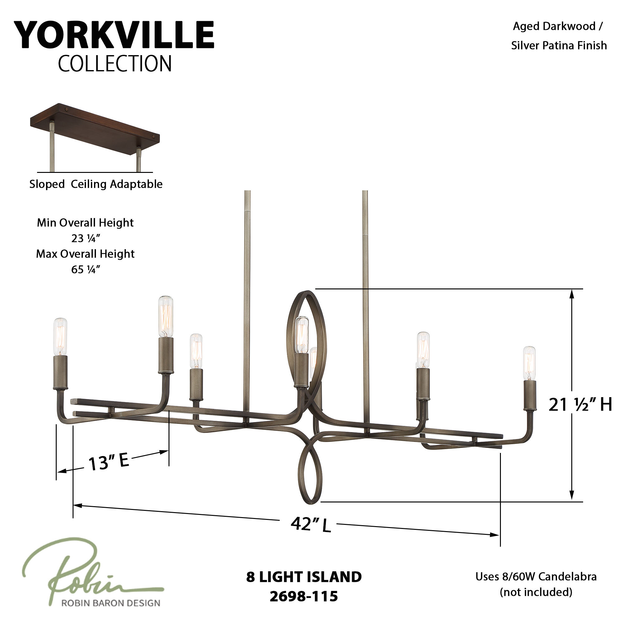 Yorkville 8 Light 42 inch Aged Darkwood/Silver Patina Island Light Ceiling Light