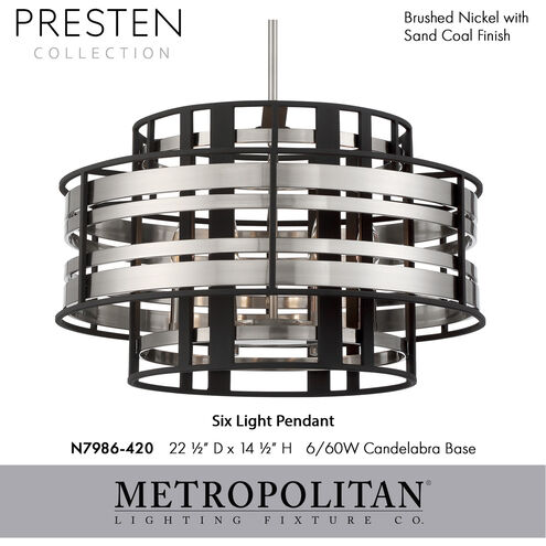 Presten 6 Light 22.5 inch Brushed Nickel with Sand Coal Pendant Ceiling Light