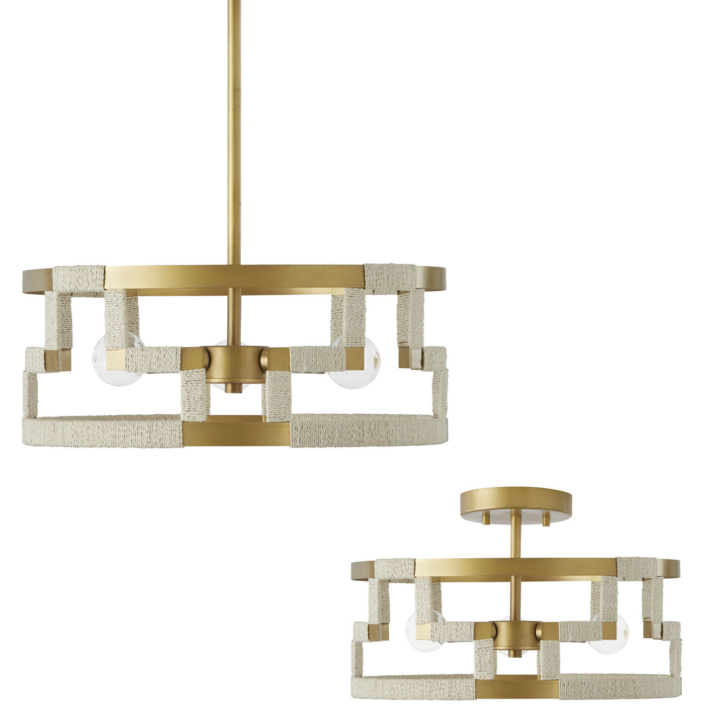 Hala 3 Light 15.25 inch Bleached Natural Jute and Patinaed Brass Semi-Flush Mount Ceiling Light, Convertible Dual Mount
