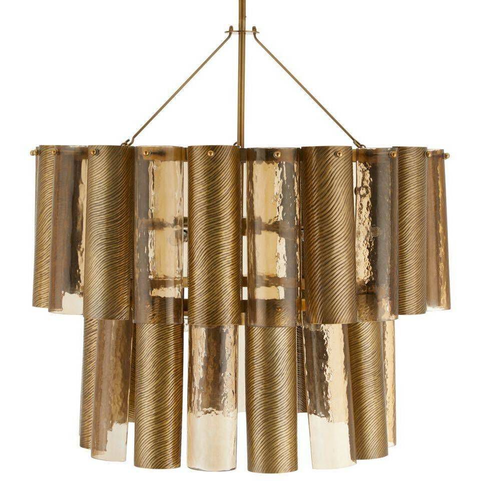 Faramond 10 Light 35 inch Vintage Brass and Hammered Smoke Slump Glass Chandelier Ceiling Light