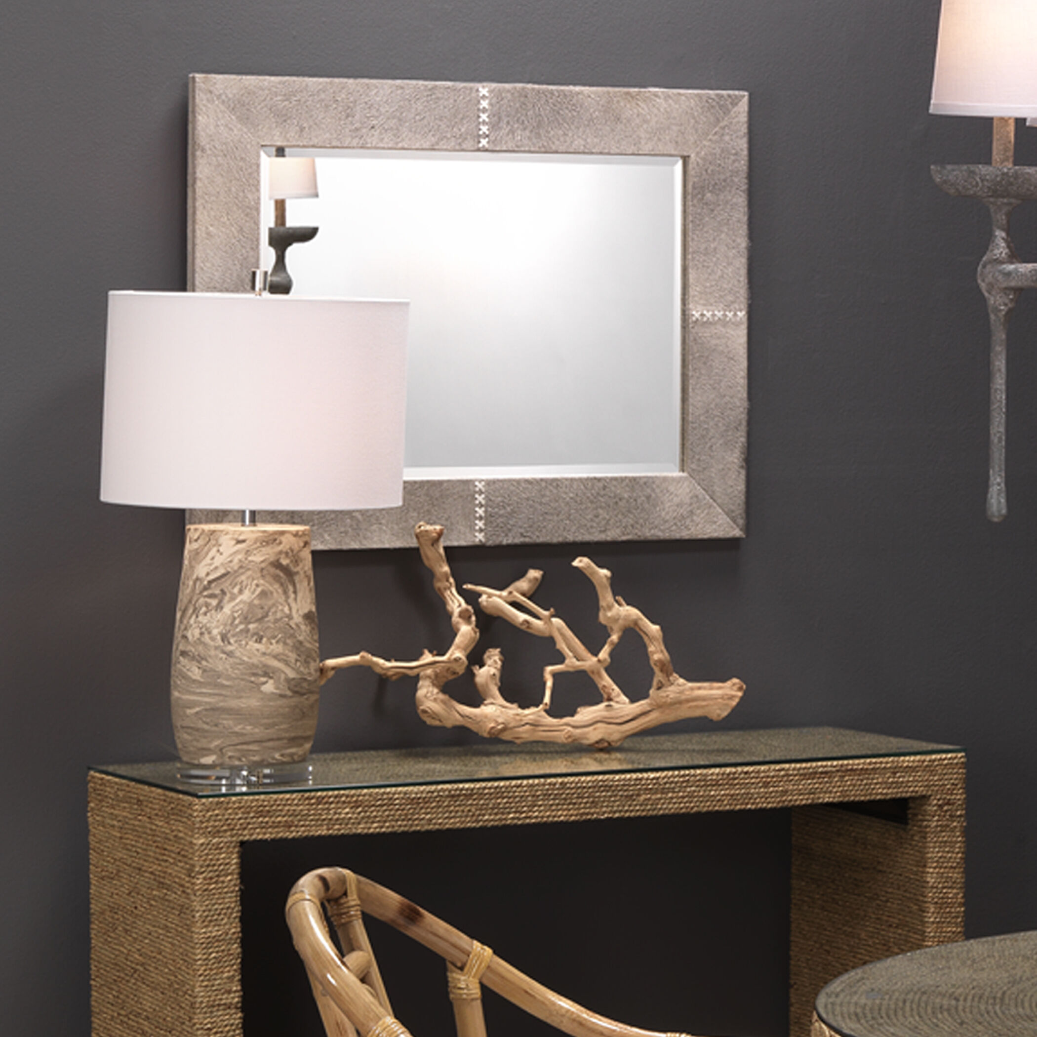 Cross Stitch 36 X 28 inch Grey Hide w/ White Stitching Wall Mirror