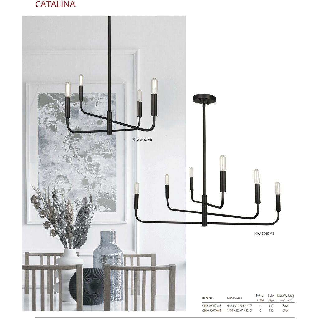 Catalina 6 Light 32 inch Matte Black Chandelier Ceiling Light