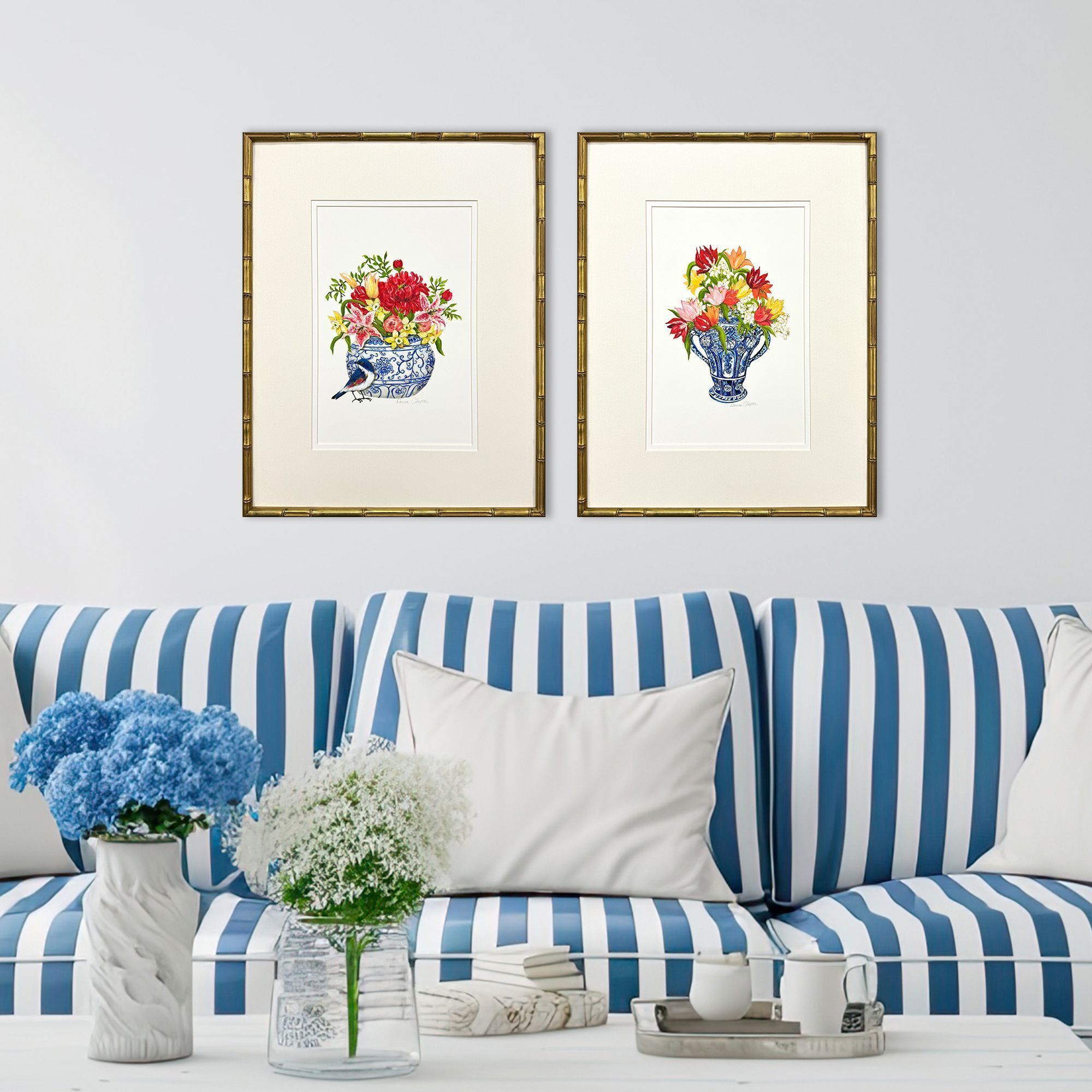 Blue and White Blue and Multi and Red and Yellow Framed Art