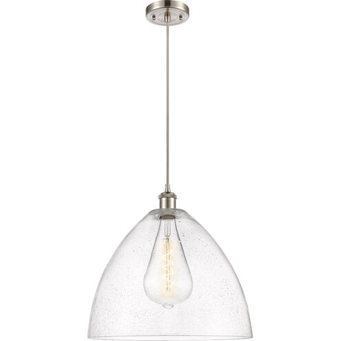 Ballston Dome LED 16 inch Brushed Satin Nickel Pendant Ceiling Light in Seedy Glass, Black Textured