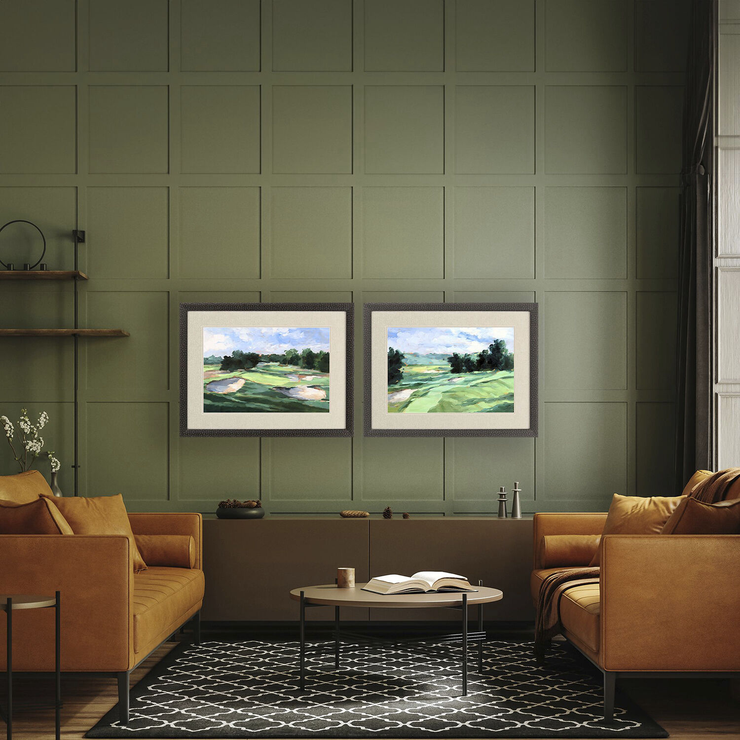 Golf Course Study Green and Blue and Multi and Orange Framed Art