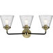 Nouveau Small Cone 3 Light 24 inch Black Antique Brass Bath Vanity Light Wall Light in Seedy Glass, Nouveau