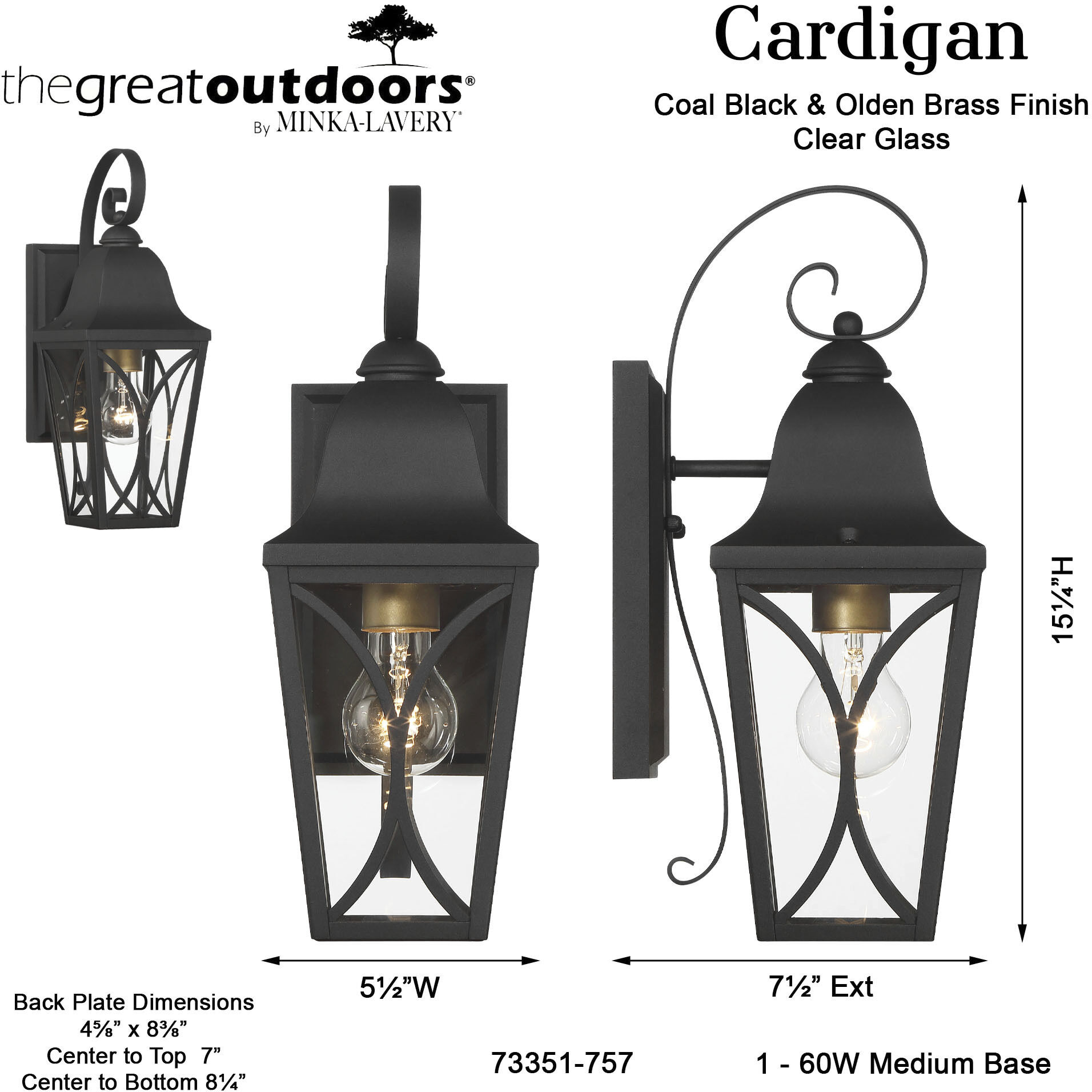 Cardigan Outdoor Wall Mount in Sand Coal and Olden Brass, Great Outdoors