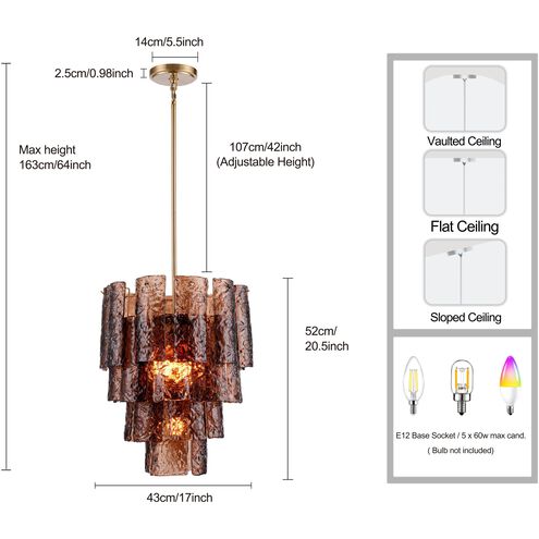 Fire and Ice 5 Light 16.75 inch Lacquered Gold Chandelier Ceiling Light in Dark Amber Glass