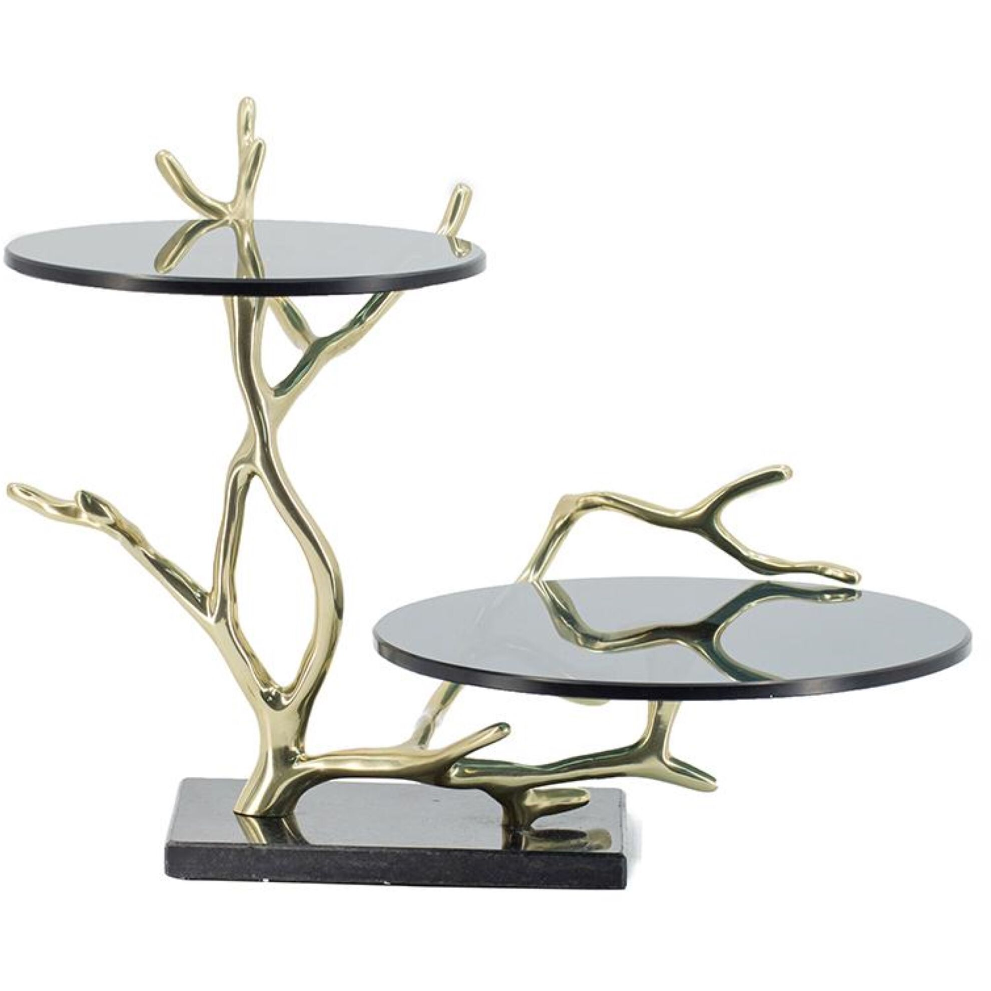 Anita 16.9 X 12.4 inch Polished Gold Finished Aluminum with Black Float Glass/Black Granite Base Cake Stand