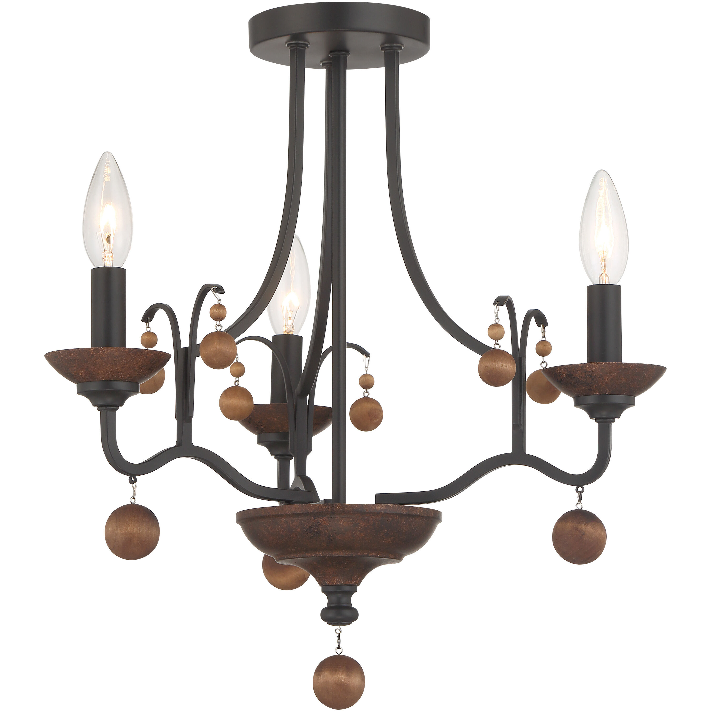 Colonial Charm 3 Light 16.75 inch Old World Bronze with Walnut Semi Flush Ceiling Light