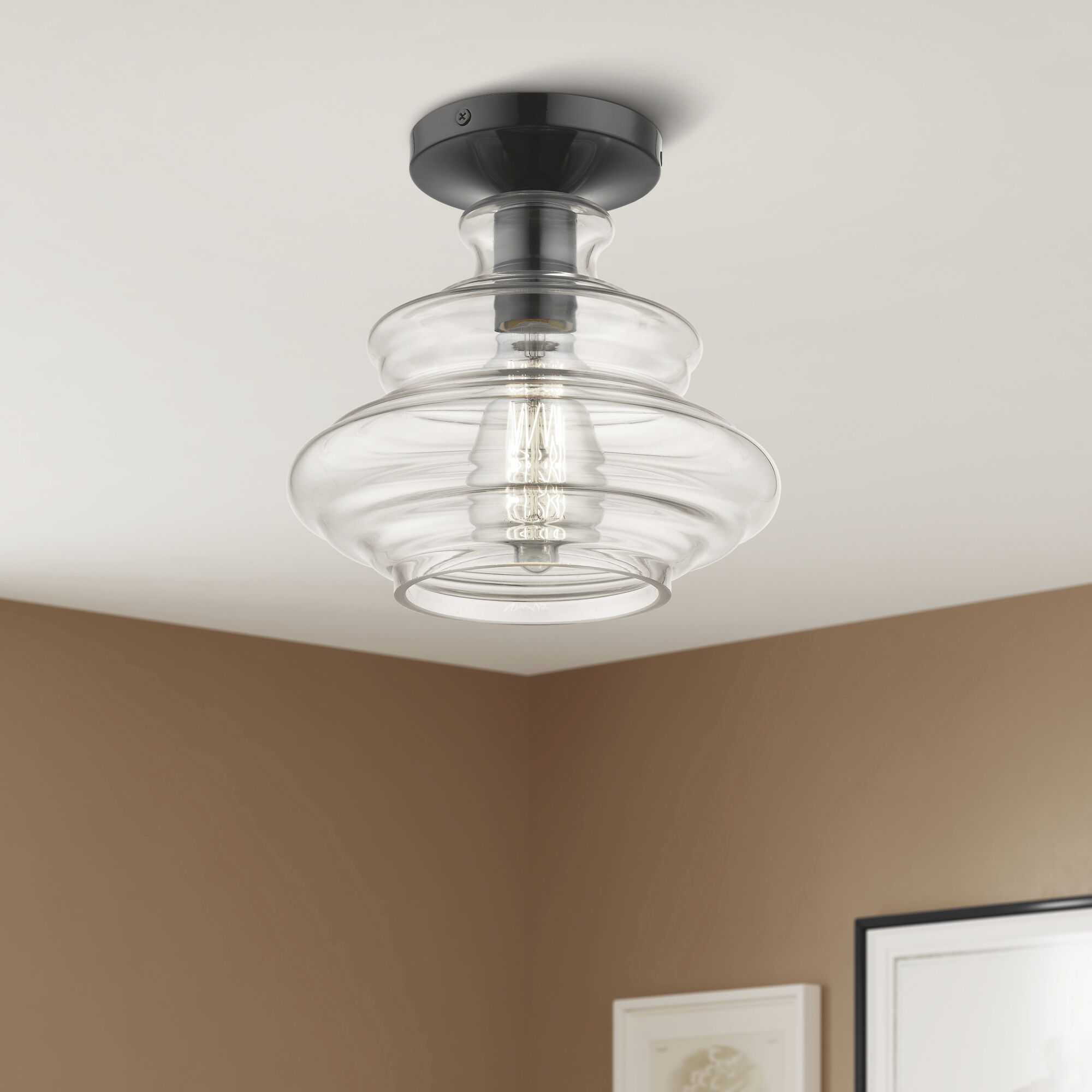 Everett 1 Light 9 inch Shiny Black with Chrome Finish Accents Semi-Flush Ceiling Light