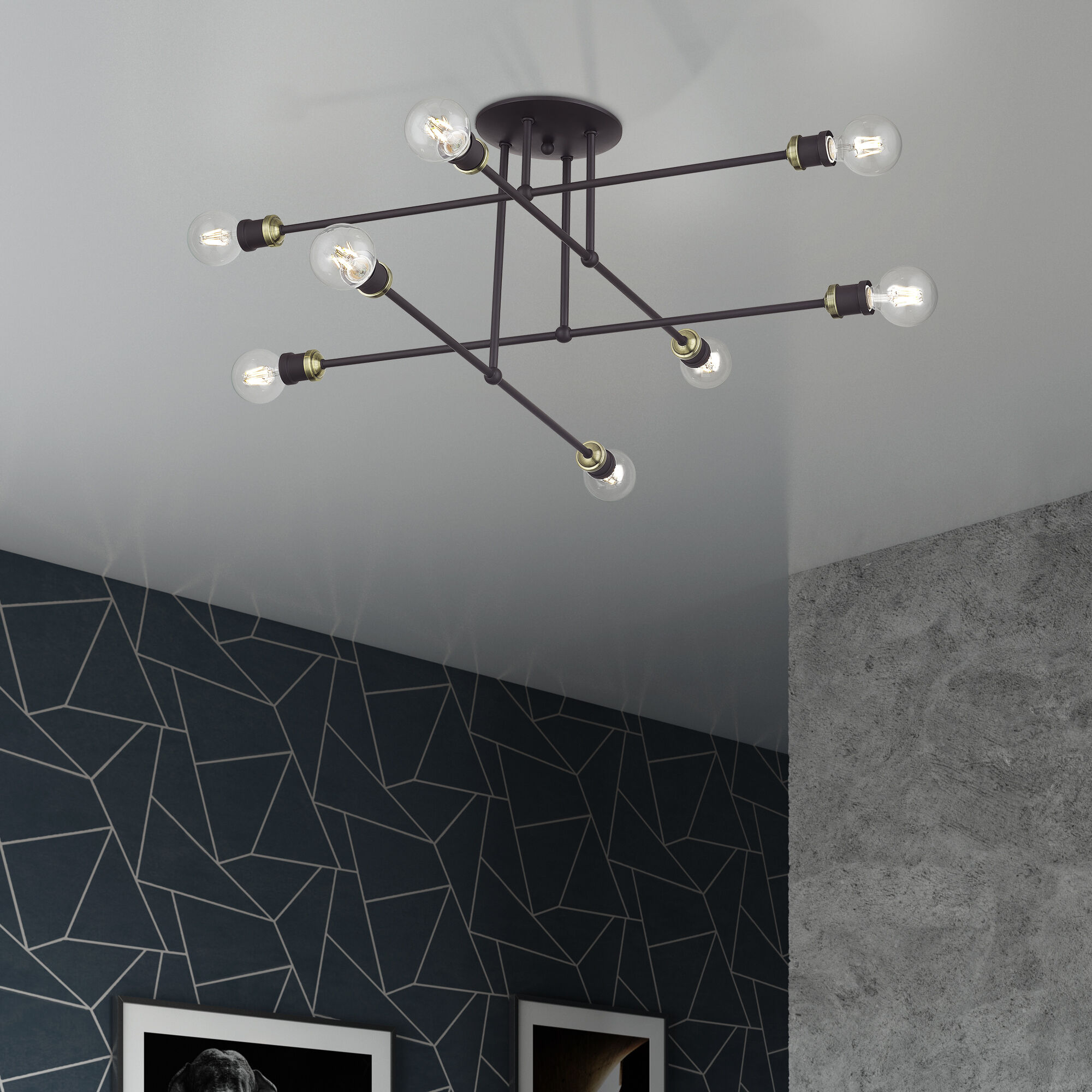 Delacroix 8 Light 35 inch Bronze with Antique Brass Accents Semi-Flush Ceiling Light