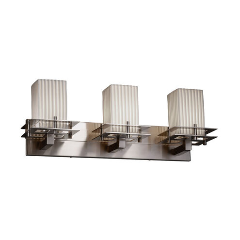 Metropolis 3 Light 27 inch Brushed Nickel Vanity Light Wall Light in Pleats, Square with Flat Rim