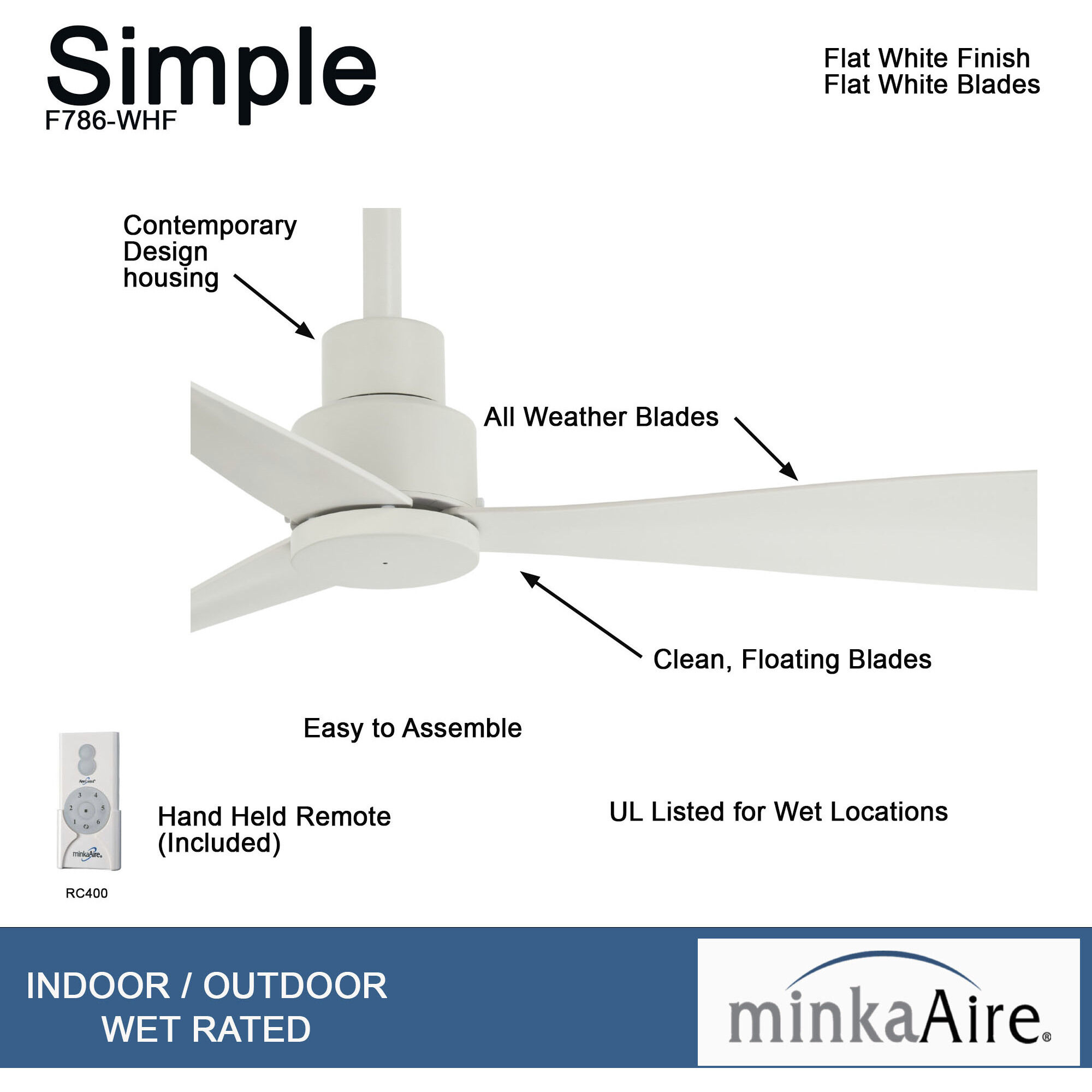 Simple 44 inch Flat White Outdoor Ceiling Fan