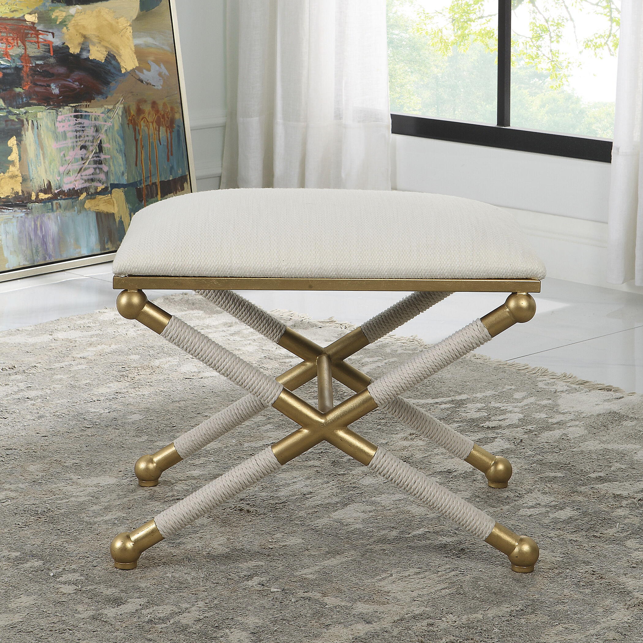 Socialite Gold Leaf and White Rope with White Fabric Bench