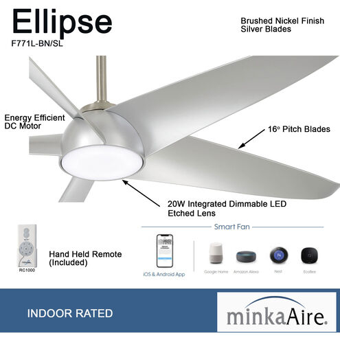 Ellipse 60 inch Brushed Nickel/Silver with Silver Blades Ceiling Fan