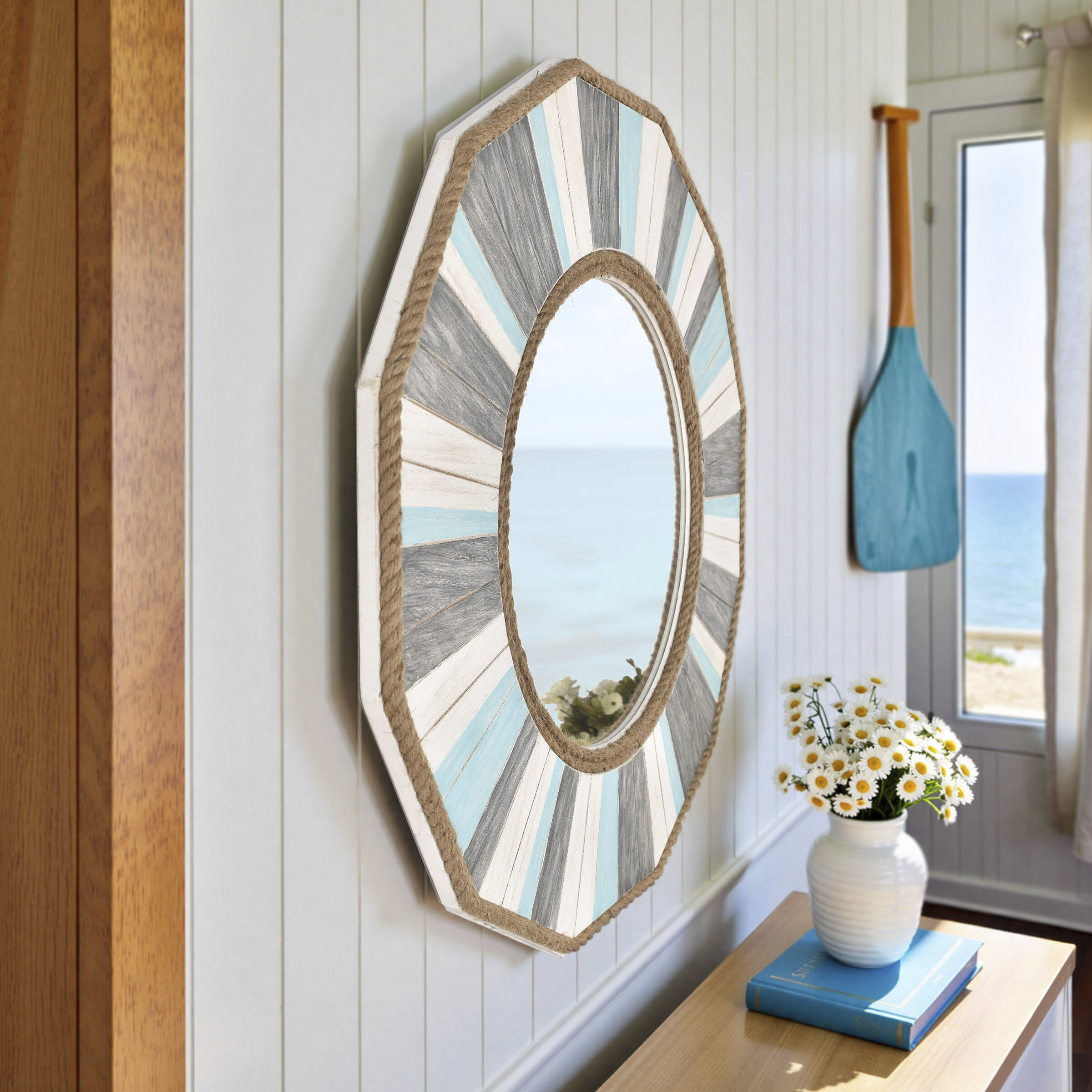 Montauk 33 X 33 inch Gray/Cream/Blue Wood Wall Mirror