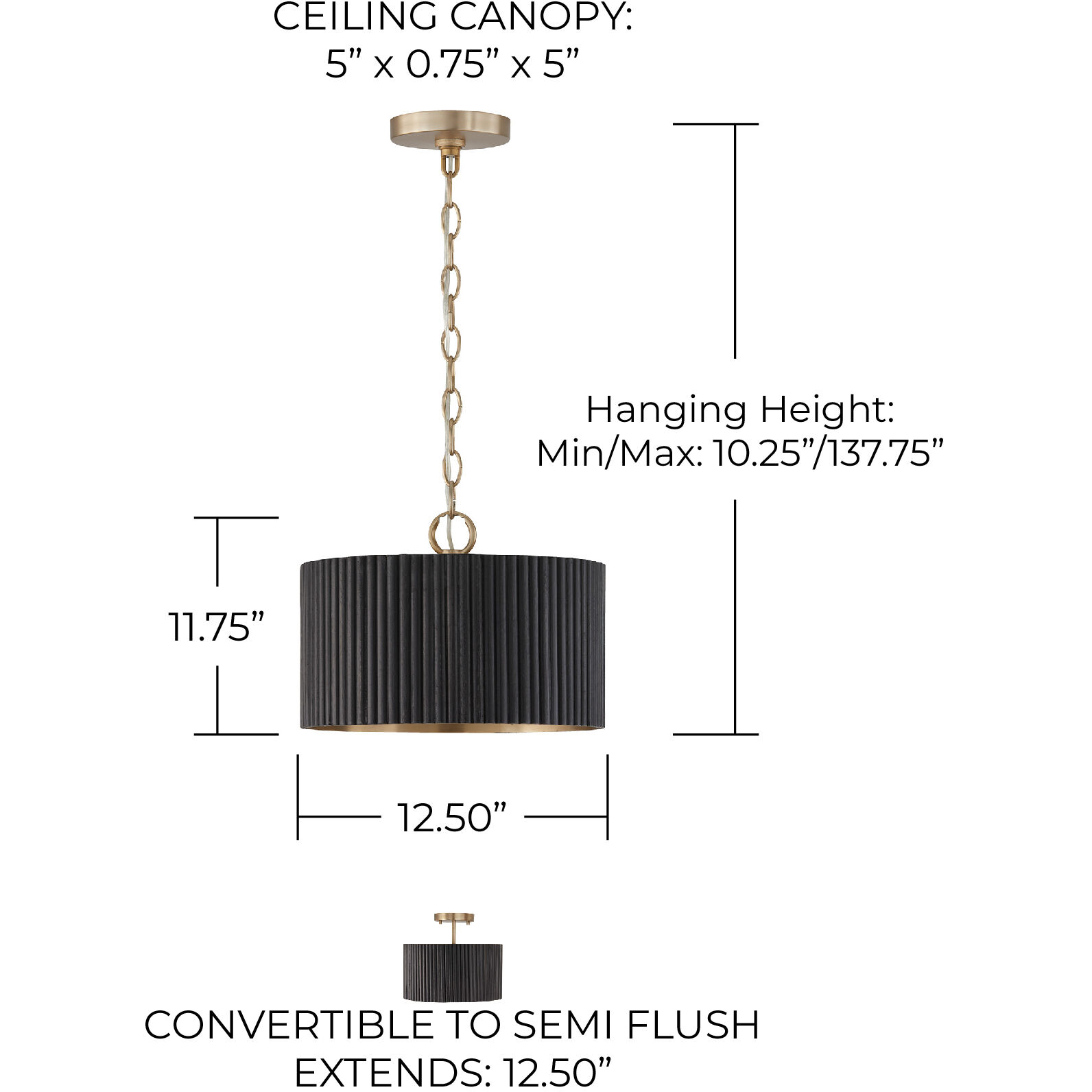 Donovan 1 Light 12.5 inch Black Stain and Matte Brass Semi-Flush Ceiling Light, Convertible Dual Mount