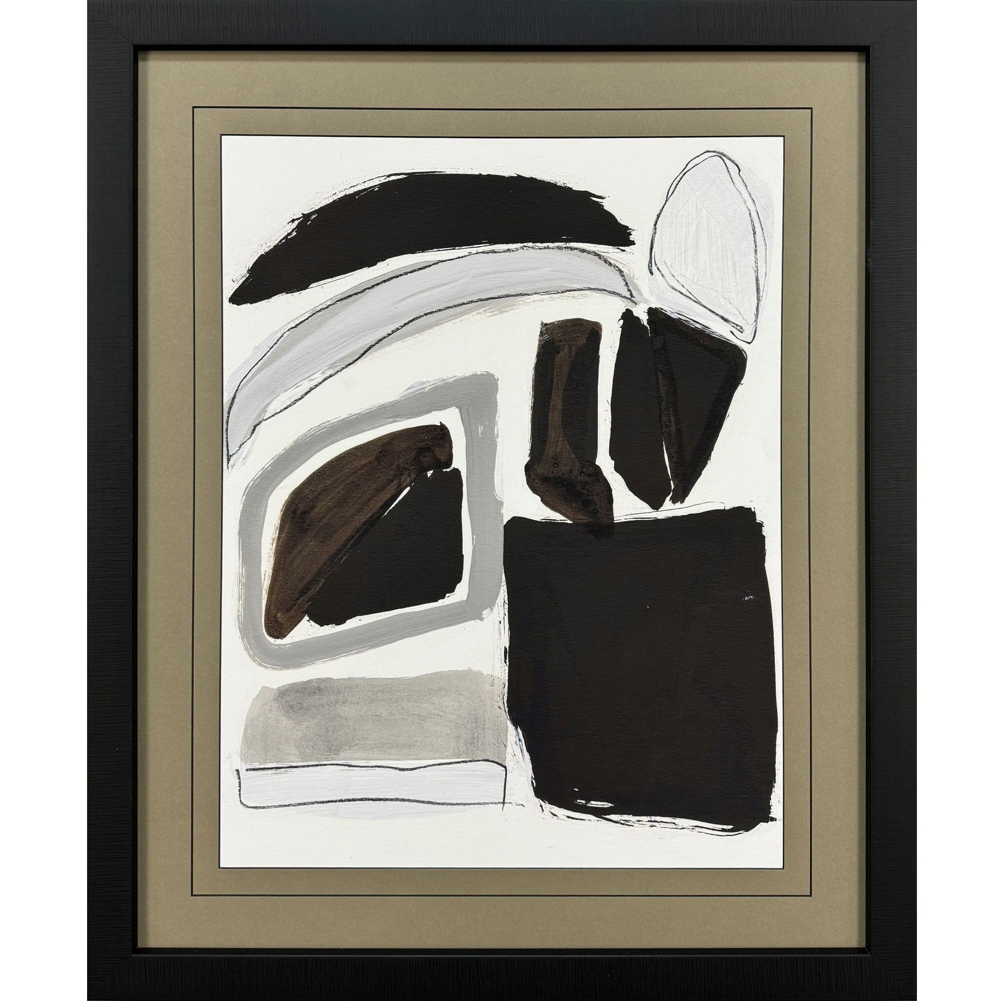 Graphic Shape Shift Black and Brown and Gray and White Framed Art