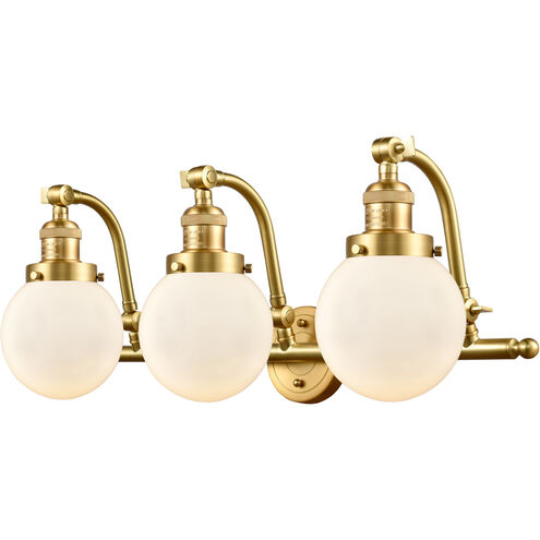 Franklin Restoration Beacon 3 Light 26 inch Satin Gold Bath Vanity Light Wall Light in Matte White Glass, Franklin Restoration