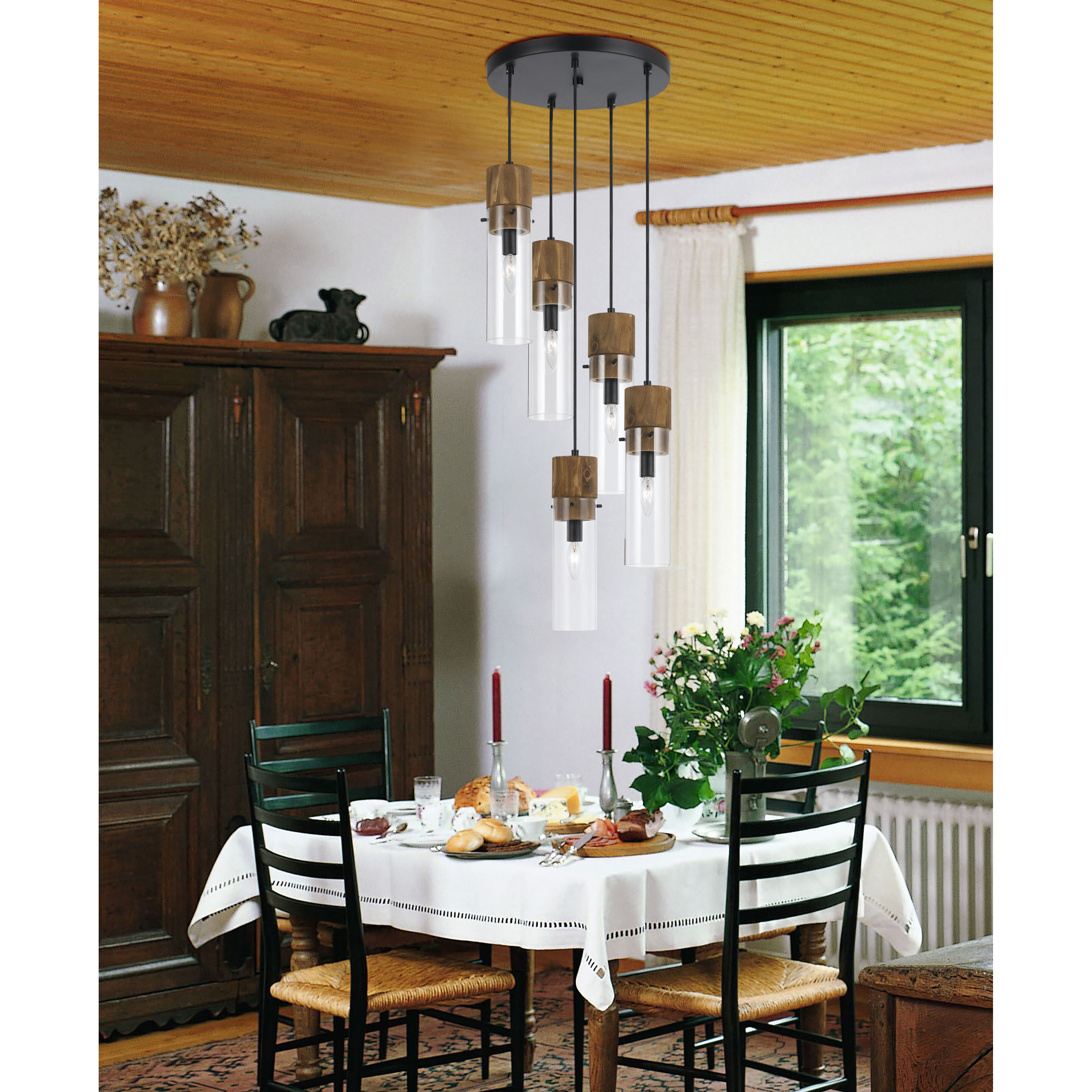 Spheroid 5 Light 15 inch Black and Wood Pendant Ceiling Light