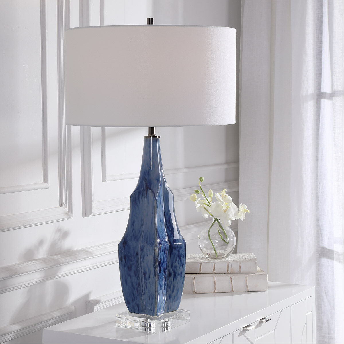Everard 31 inch 150.00 watt Indigo Blue with Polished Nickel and Crystal Table lamp Portable Light
