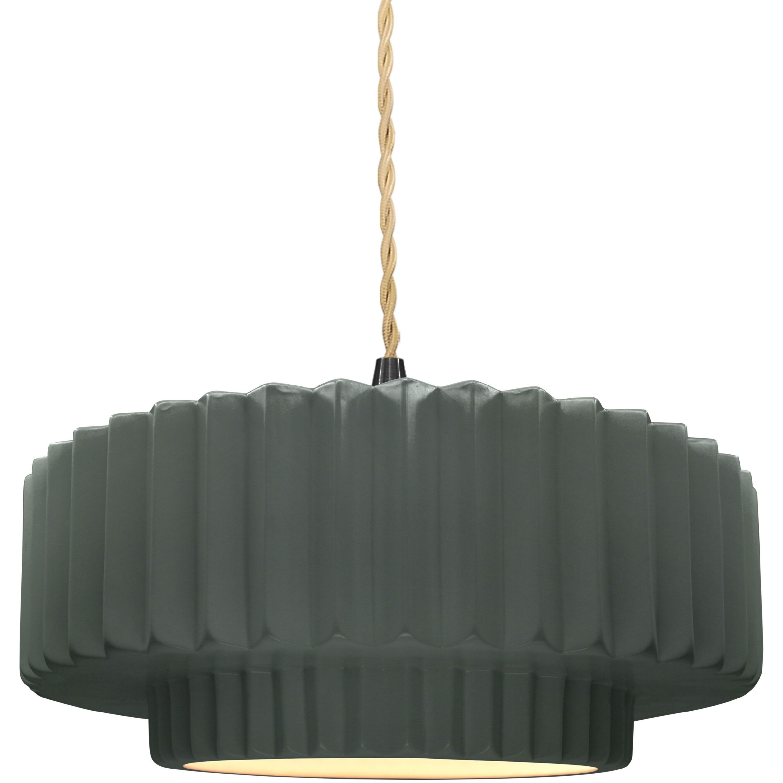 Radiance Collection - Pleated Tier Pendant Ceiling Light in Matte Black, Dedicated LED, Beige Twist Cord, Pewter Green, 14.5W x 5.25H, Form+Finish+Function