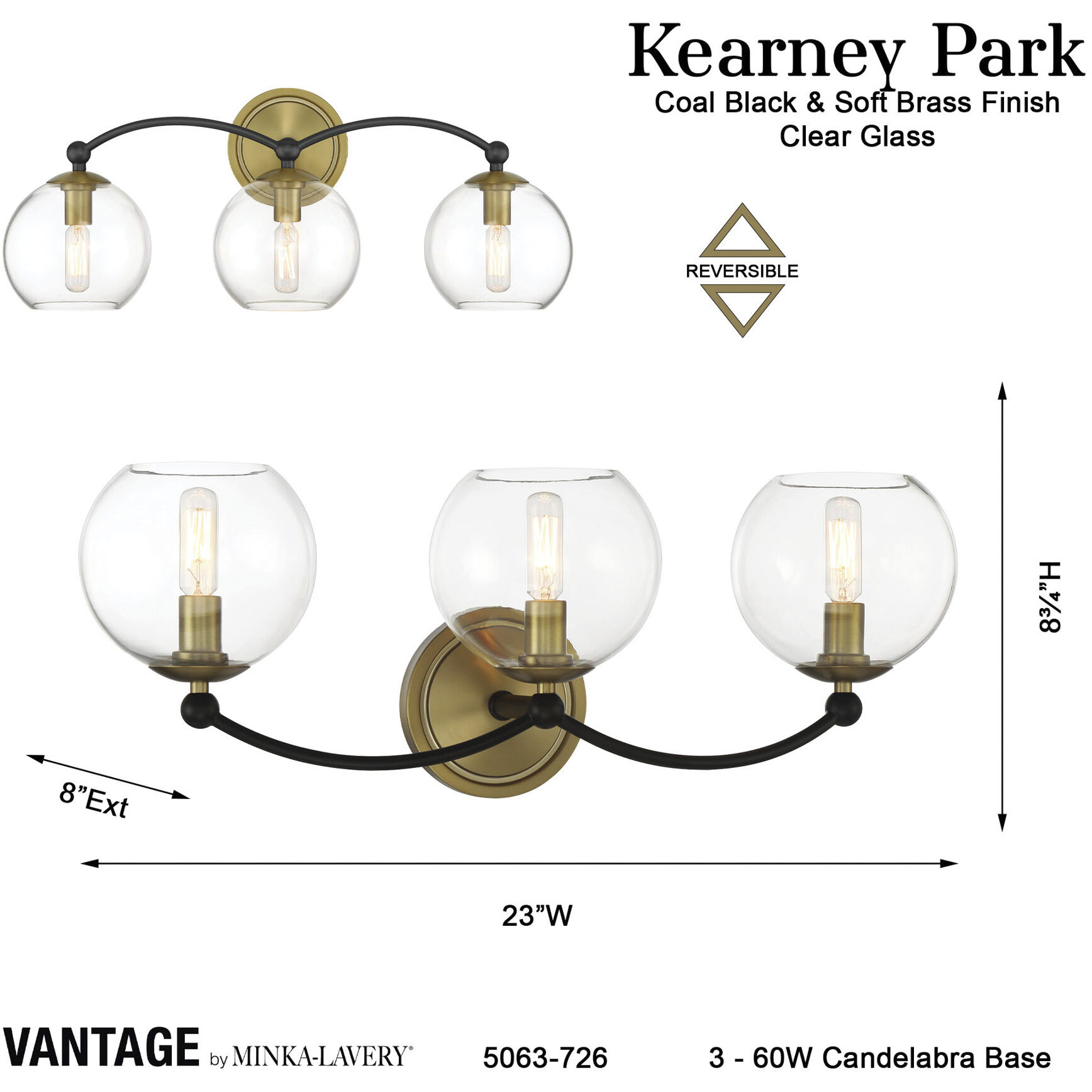 Vantage Kearney Park 3 Light 23 inch Coal and Soft Brass Bath Vanity Wall Light