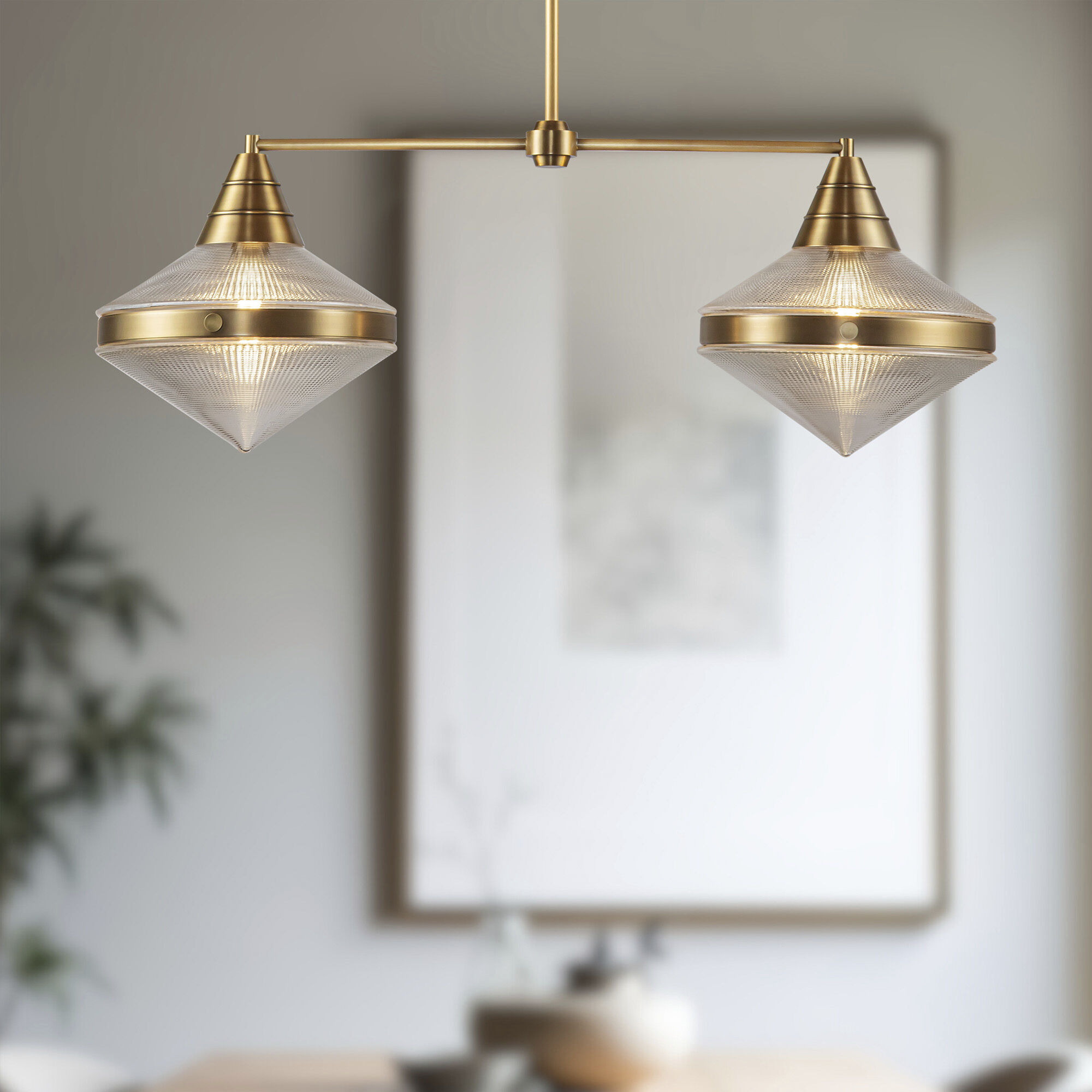 Willard 2 Light 40.63 inch Vintage Brass/Prismatic Glass Linear Pendant Ceiling Light in Clear Prismatic Glass