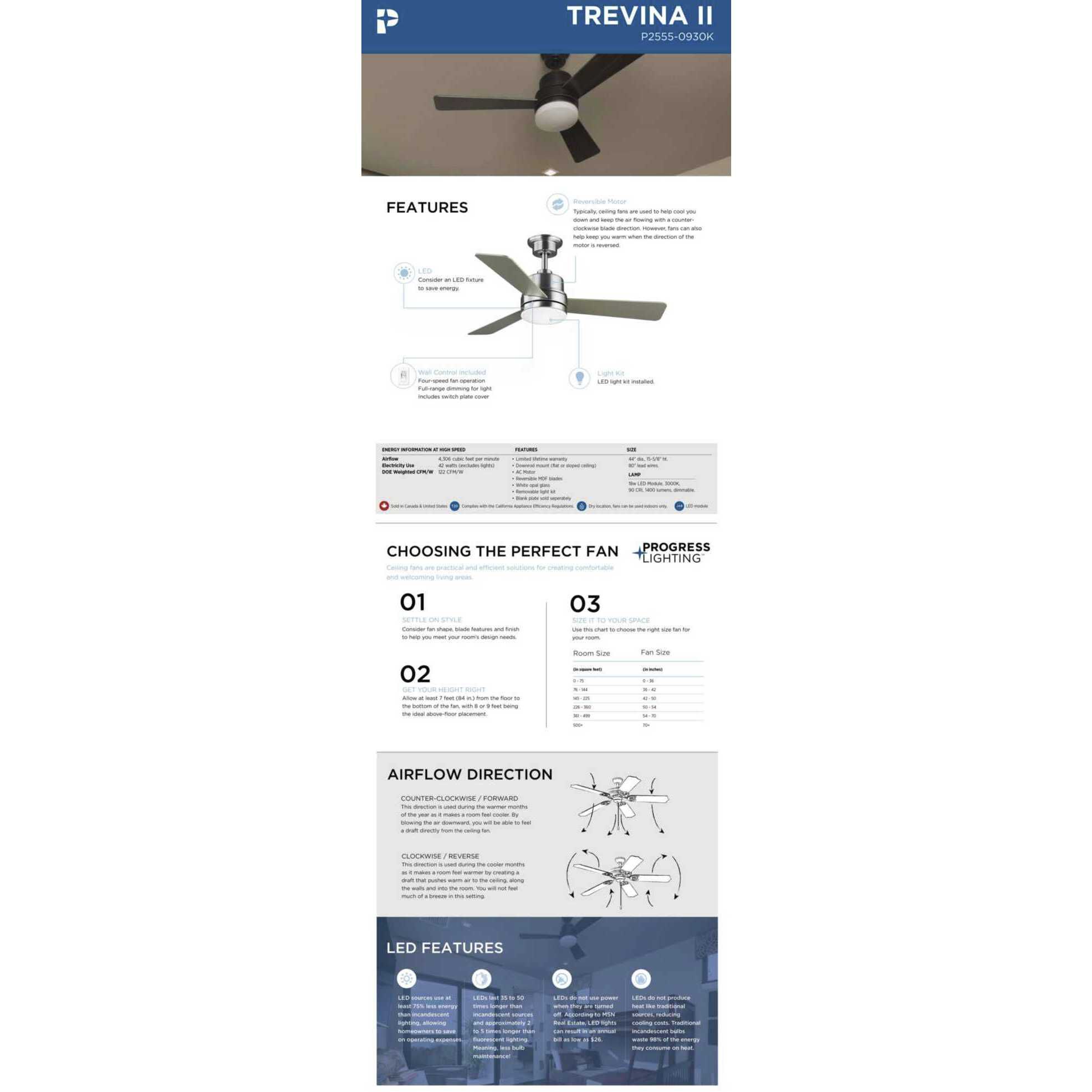 Trevina II 44 inch Brushed Nickel with Silver Blades Ceiling Fan, Progress LED