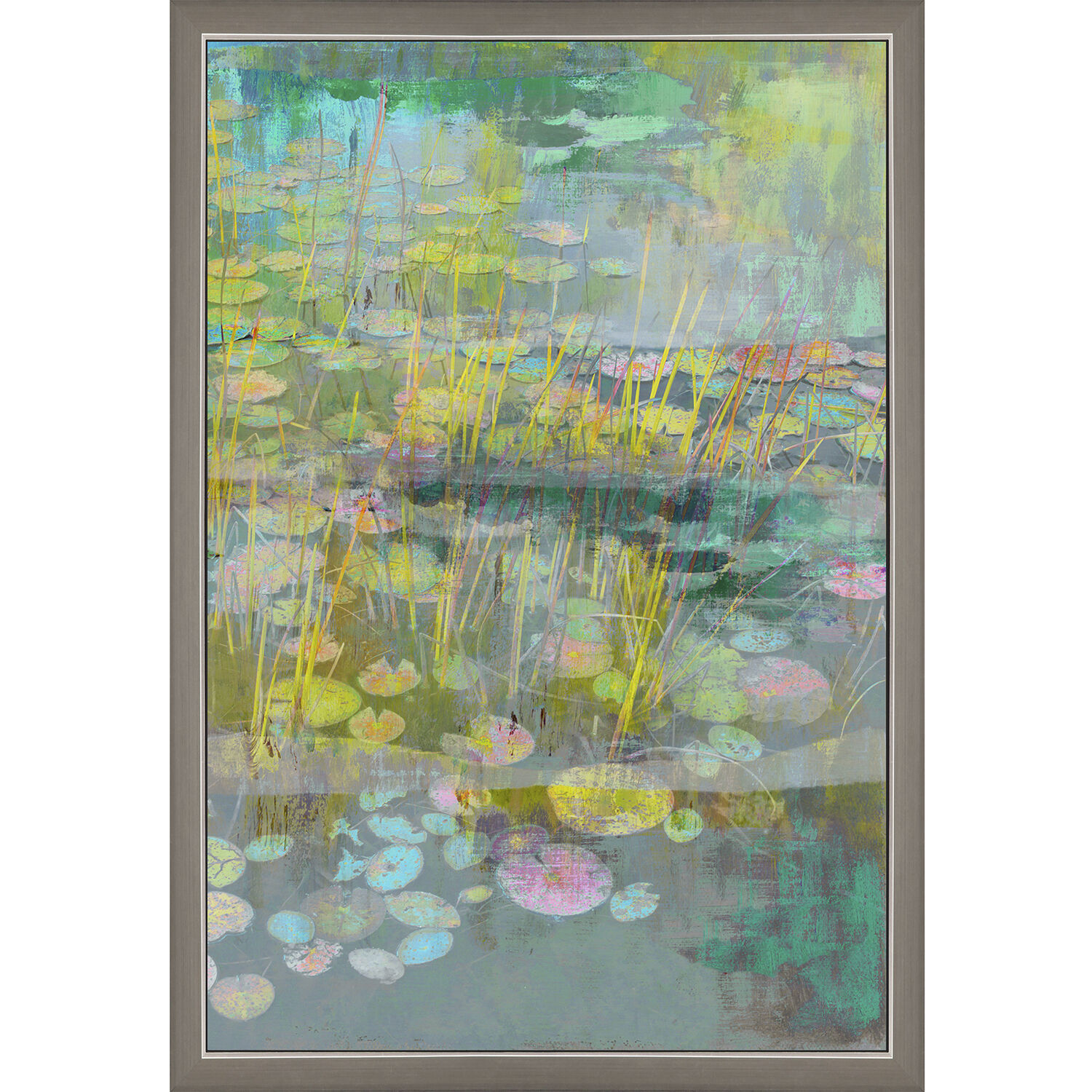 Reeds and Lilies Turquoise and Green and Pink and Multi Framed Art