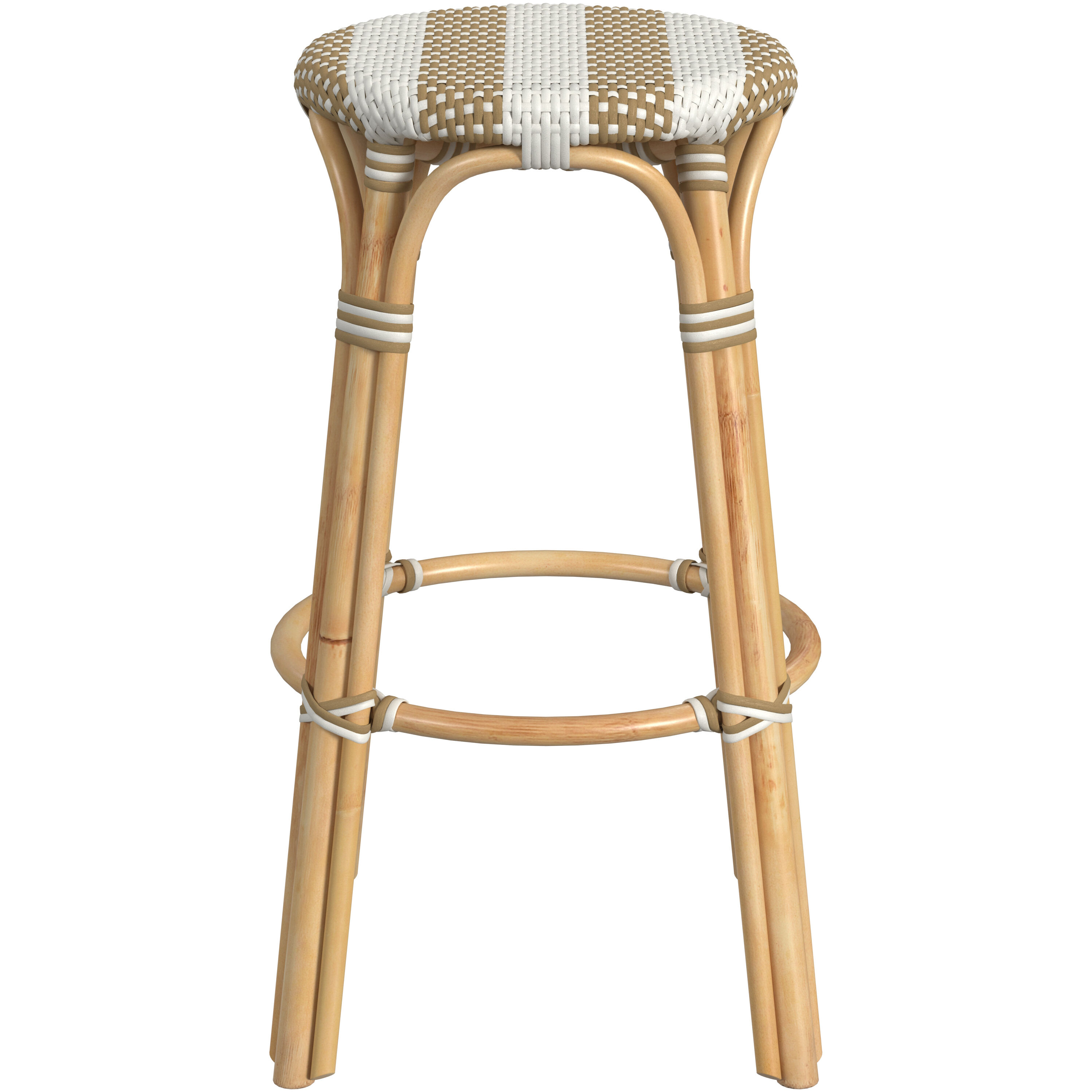 Tobias Round Rattan 30" Bar Stool in Tan and White Stripe