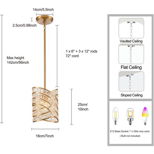 Anastasia 1 Light 7 inch Lacquered Gold Pendant Ceiling Light, Converts to Semi Flush