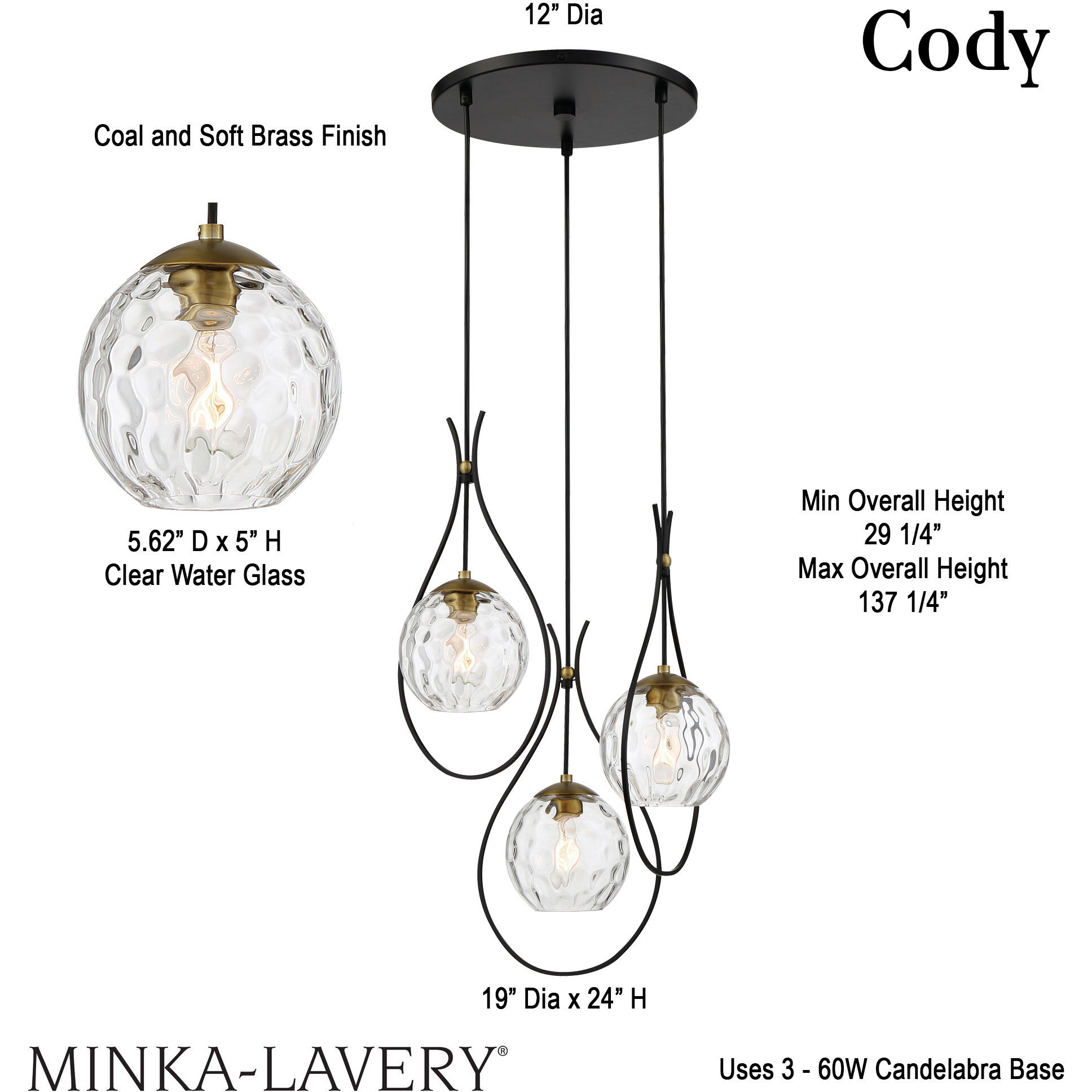 Cody 3 Light Coal/Soft Brass Pan Pendant Ceiling Light