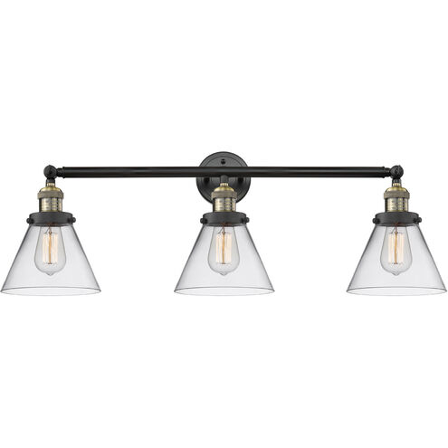 Franklin Restoration Large Cone 3 Light 32 inch Black Antique Brass Bath Vanity Light Wall Light in Clear Glass, Franklin Restoration