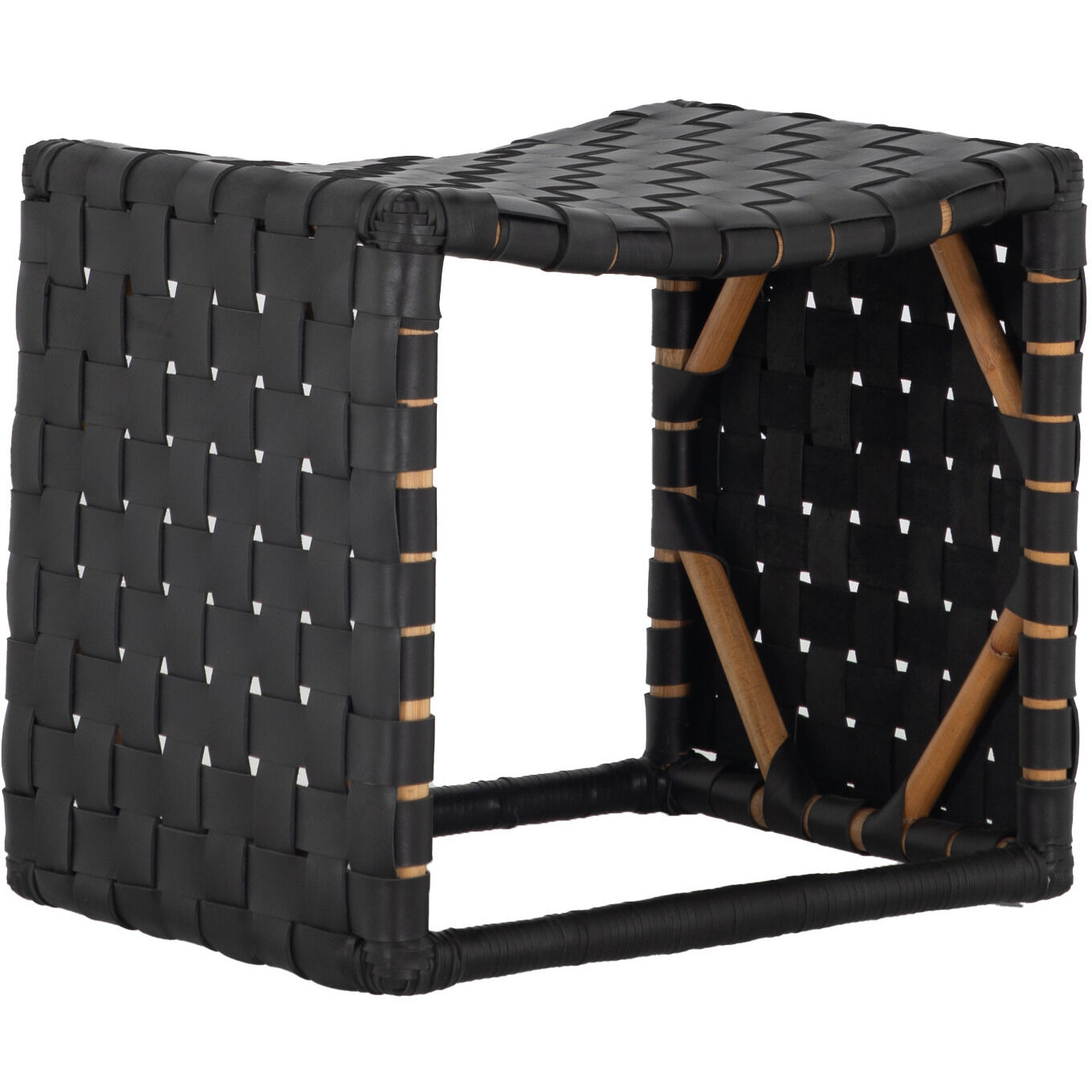 Dover 19.75 inch Natural Rattan / Black Leather Ottomans Stool