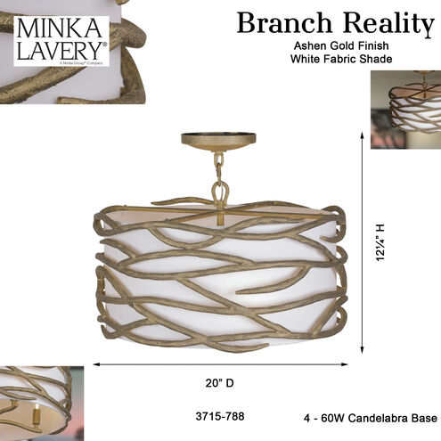 Branch Reality 4 Light 20 inch Textured Ashen Gold Semi Flush Mount Ceiling Light