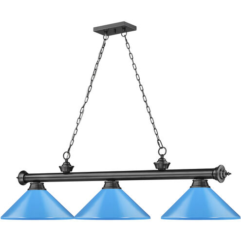 Cordon 3 Light 58 inch Bronze Plate Billiard Ceiling Light in Electric Blue Steel