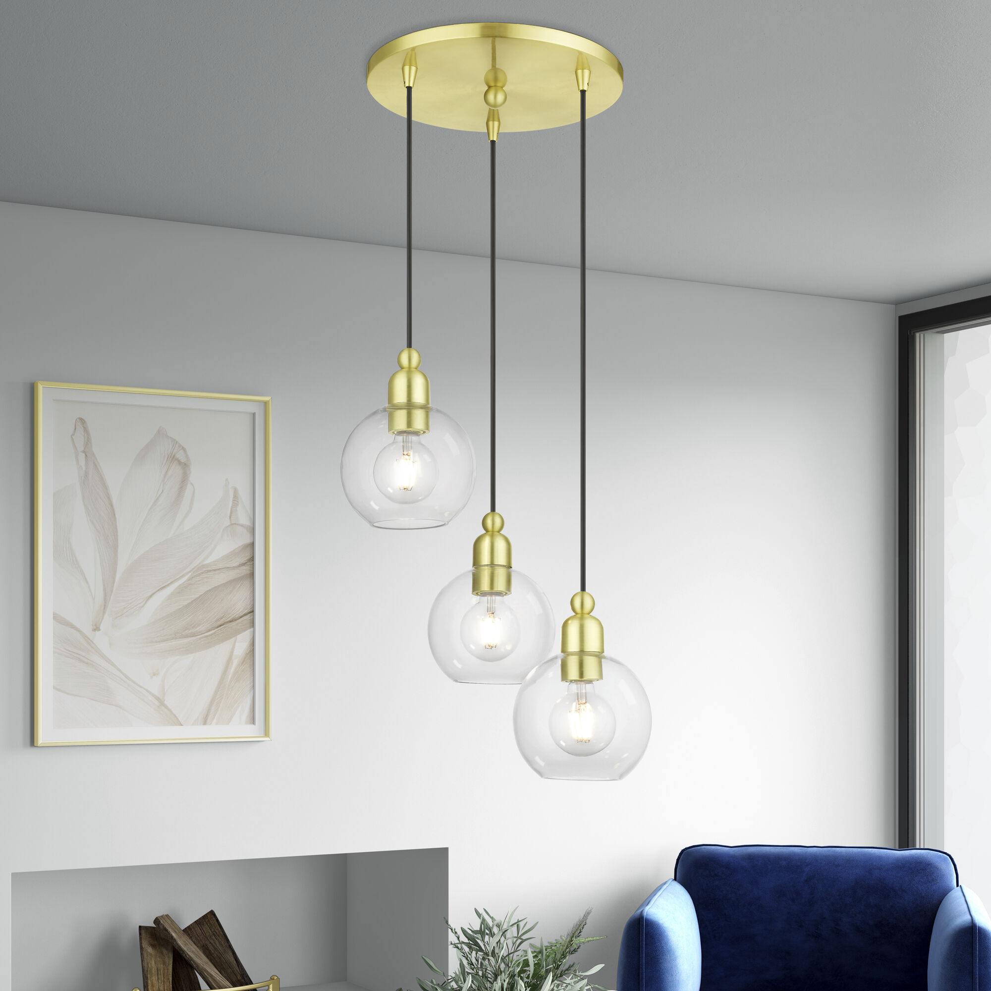 Downtown 3 Light 16 inch Satin Brass Multi Pendant Ceiling Light, Sphere